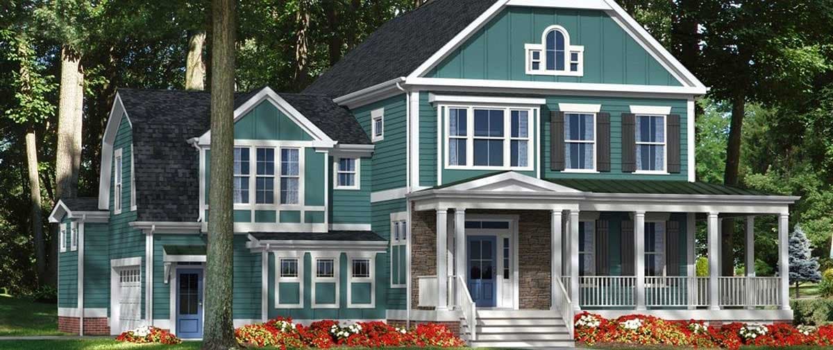 House plan exterior: Two-story Modern Farmhouse with wrap-around porch, dormers, and gabled rooflines.