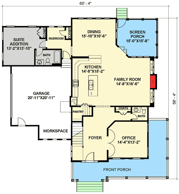 Plan 30082RT: 4-Bed New American Farmhouse with Flex Room - 3816 Sq Ft - Floor Plan - Main Level - Farmhouse, New American