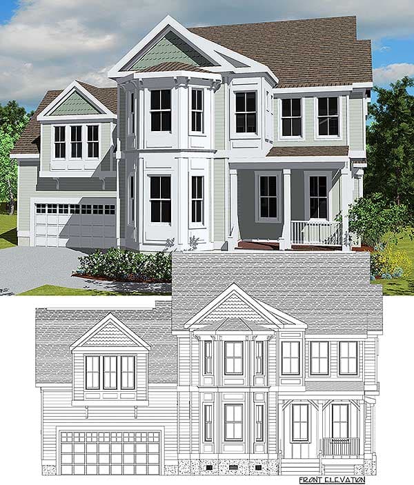 Two-story house plan exterior with bay windows, covered front porch, and attached two-car garage.