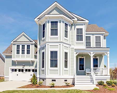 House plan exterior: Two-story home with bay windows, a covered front porch with columns, and an attached side-entry garage.
