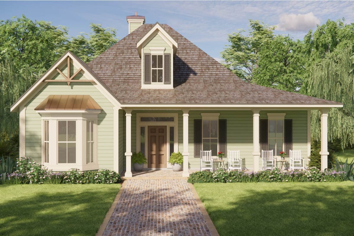 House plan exterior: light green siding, wraparound porch with columns, bay window, gable with decorative truss.
