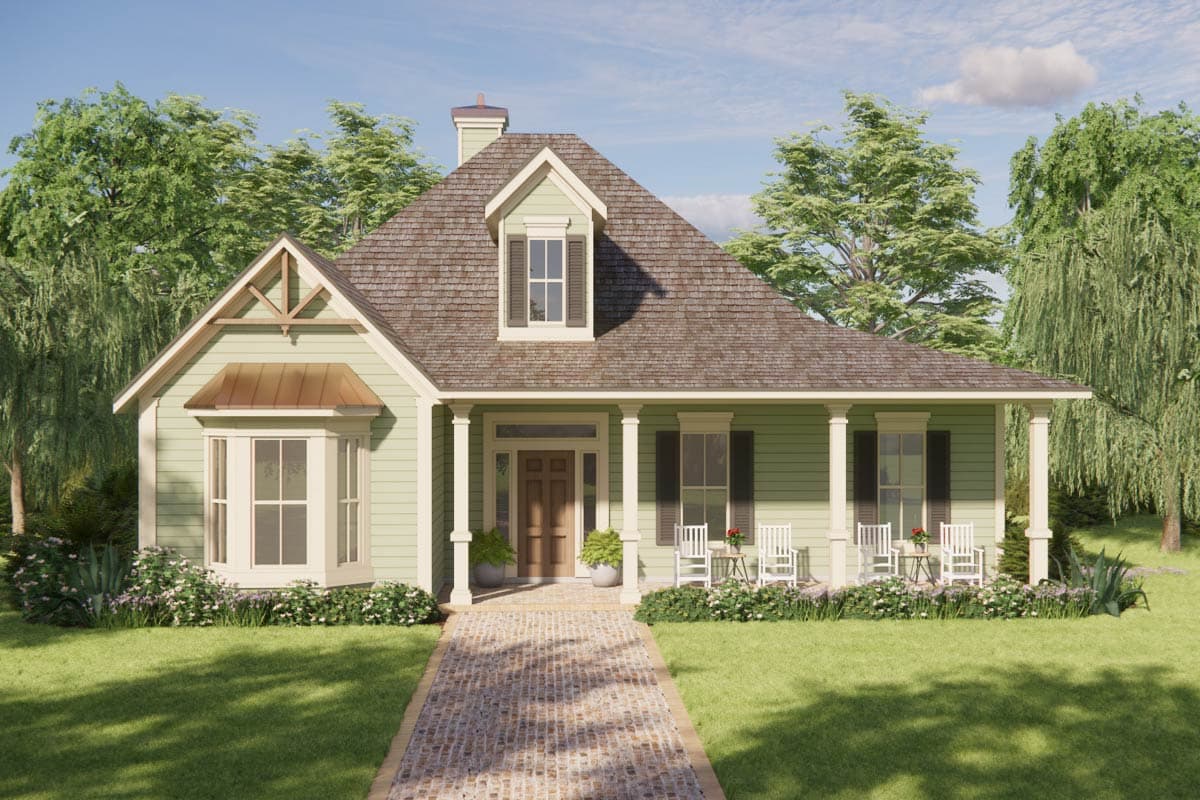 House plan exterior: Traditional style, one story with wraparound porch, prominent dormer, and bay window.