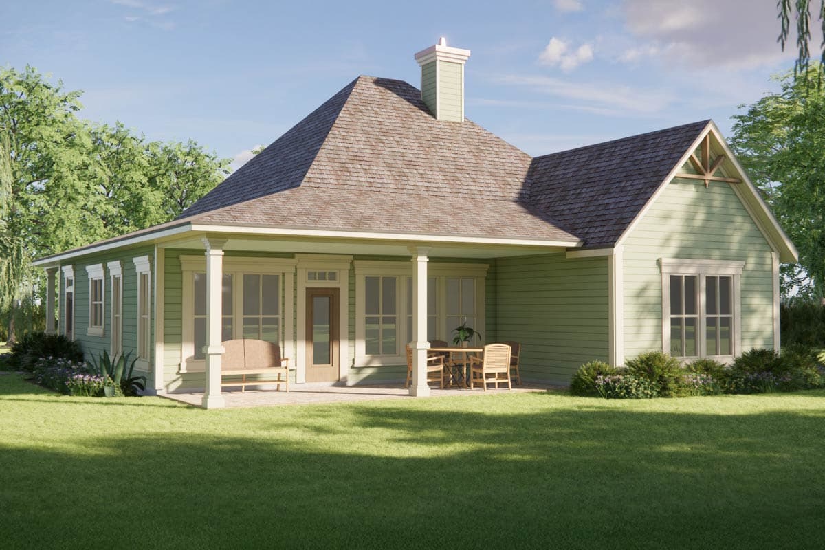 House plan exterior: Ranch style, one story, featuring a covered porch with seating, gable with decorative woodwork, and prominent chimney.