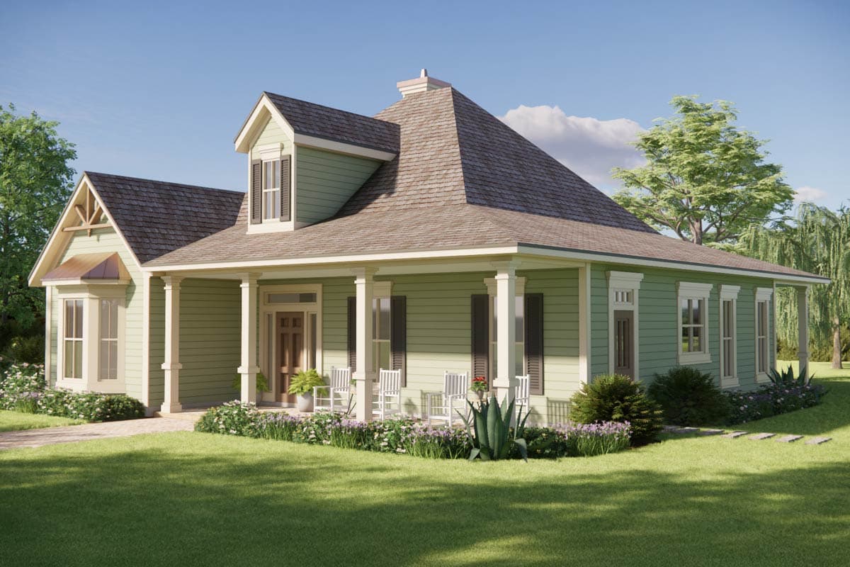 House plan exterior: Traditional style, one story with a wraparound porch, dormer, bay window, and gabled entrance.