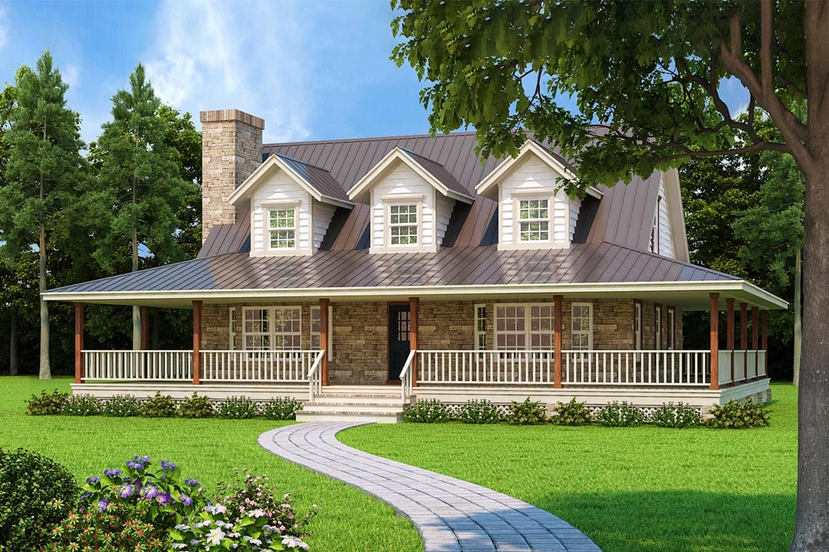 House plan exterior with stone veneer siding, covered porch, and three dormers. Features a dark metal roof and chimney. Two story house.
