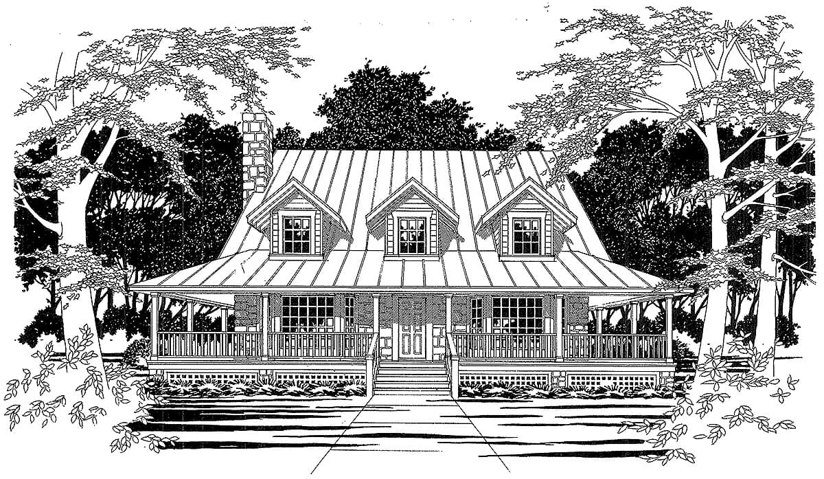 House plan exterior, two stories, metal roof, wide wrap-around porch with railings, multiple dormer windows, and stone chimney.