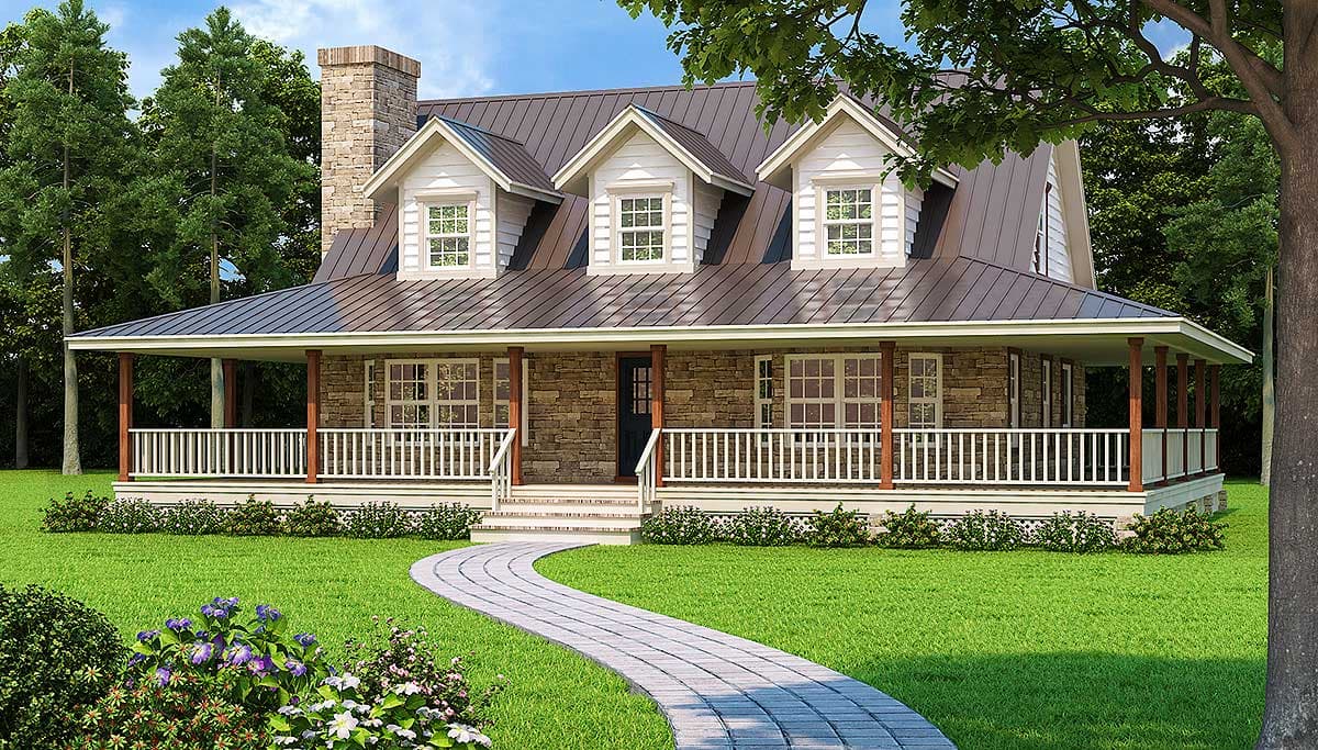 House plan exterior: stone facade, wrap-around porch, three dormers, and a metal roof.