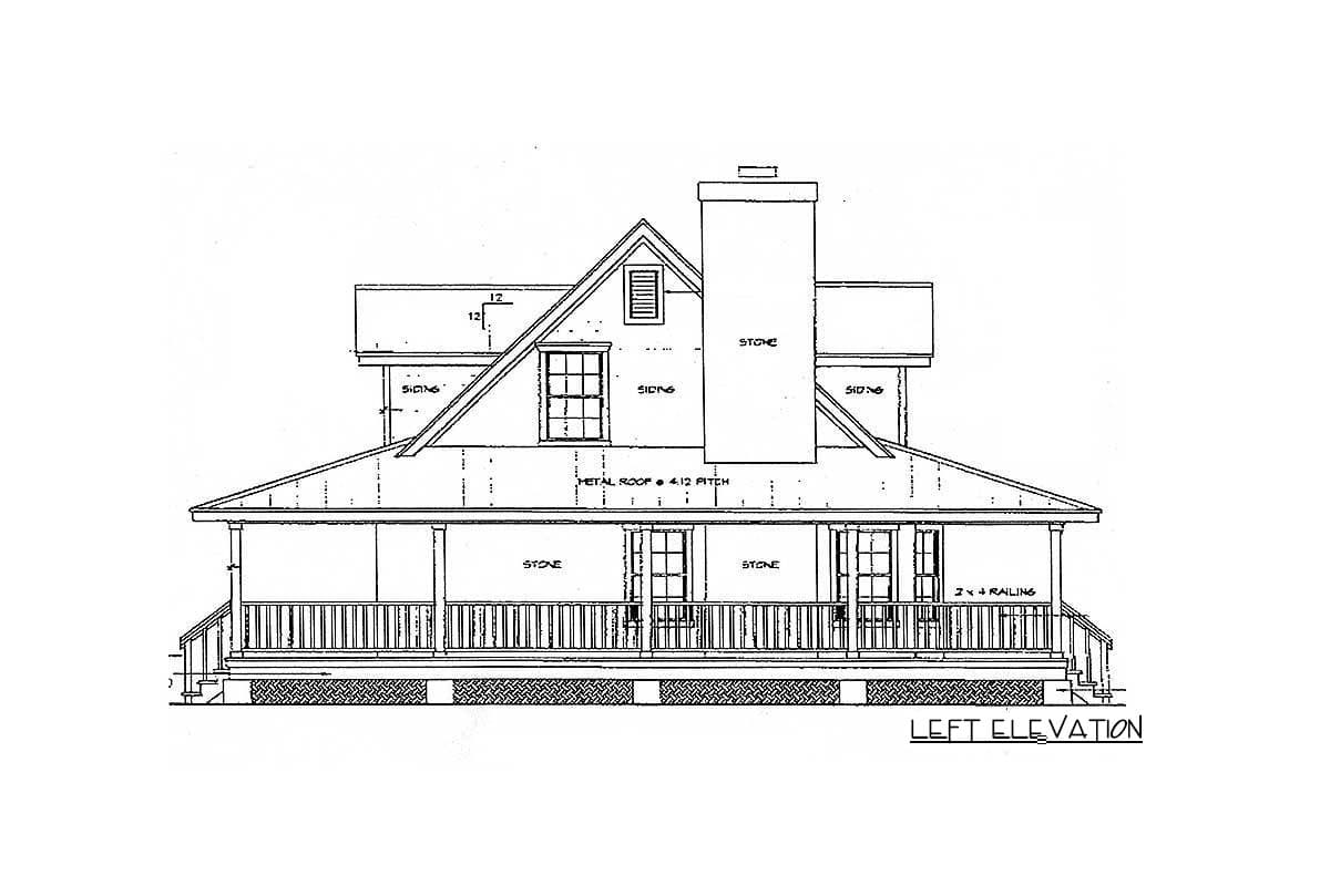 Left elevation house plan with full-width porch, gables, siding, and stone accents.