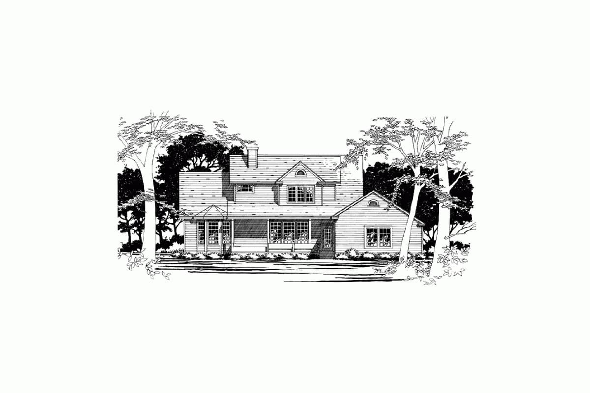 House plan exterior drawing of a two-story home with a wraparound porch, gables, and a dormer window.