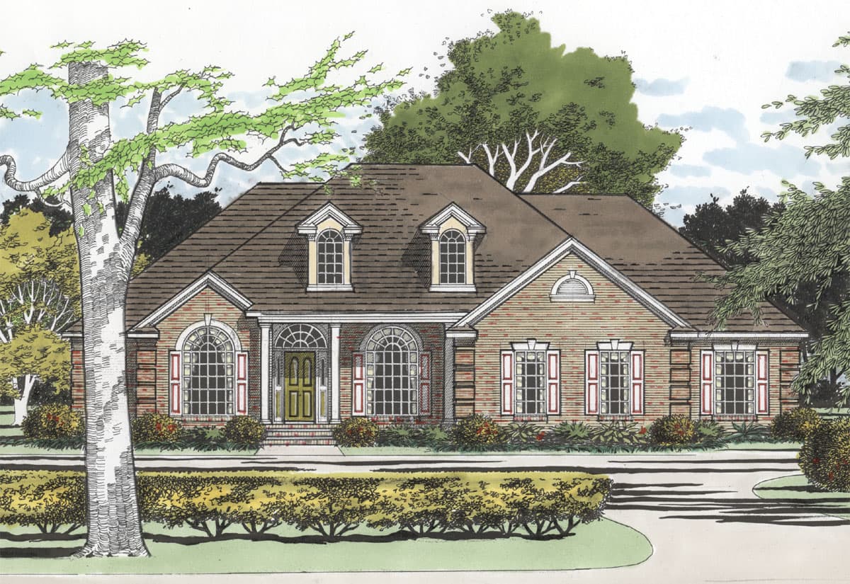 House plan exterior: Ranch style with brick facade, arched windows, dormers, and a covered entry porch.