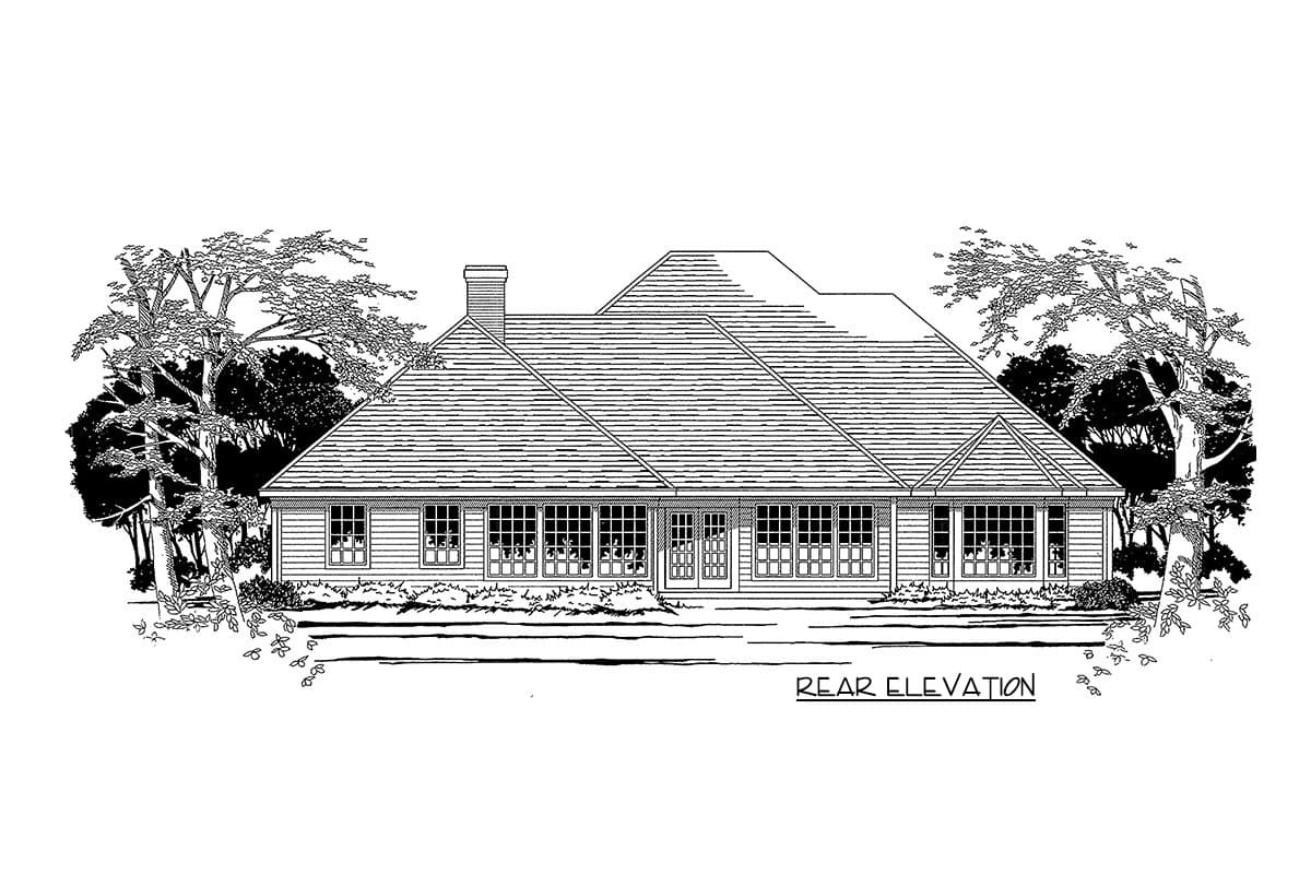 Rear elevation house plan. One-story residence with hip roof, central chimney, and a long row of windows.