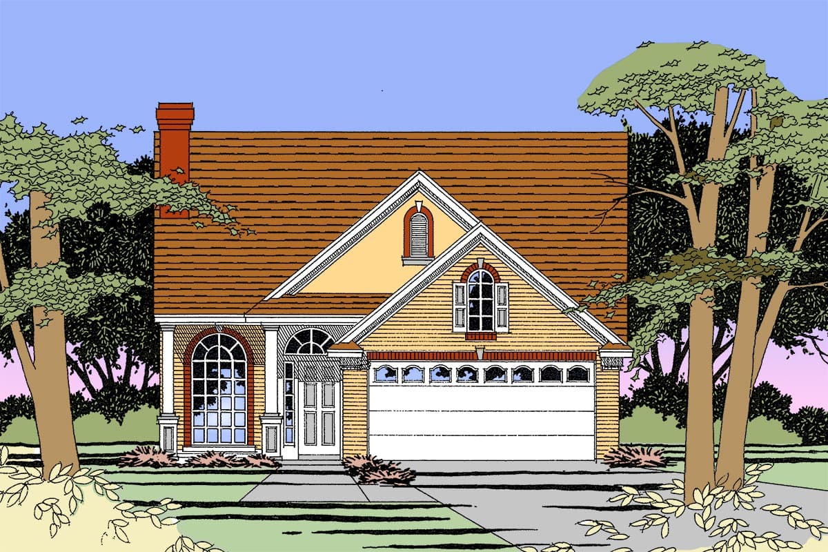 House plan exterior with a two-story gabled roof, arched windows, dormer, and attached garage.