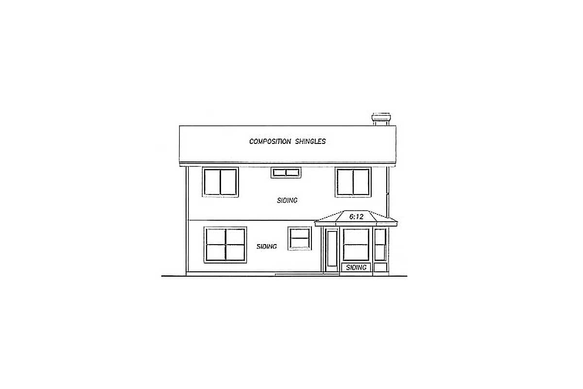 House plan exterior drawing of two-story home with siding, composition shingles, and a bay window bump-out.