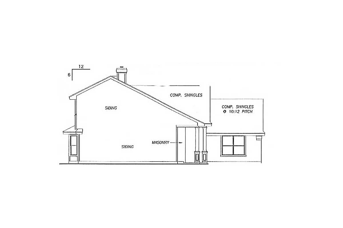 Side elevation house plan: siding exterior, masonry entrance, and composition shingles with 10:12 pitch roof.
