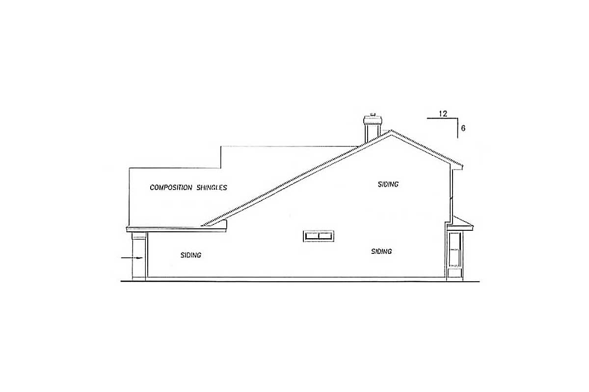 Elevation drawing showing a house plan with siding, composition shingles, a chimney, and a dormer window.