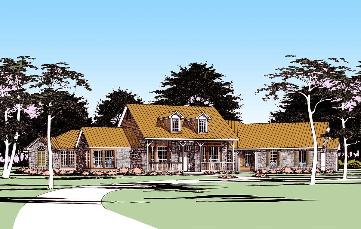House plan exterior: Single-story ranch with stone accents, covered front porch, dormers, and metal roof.