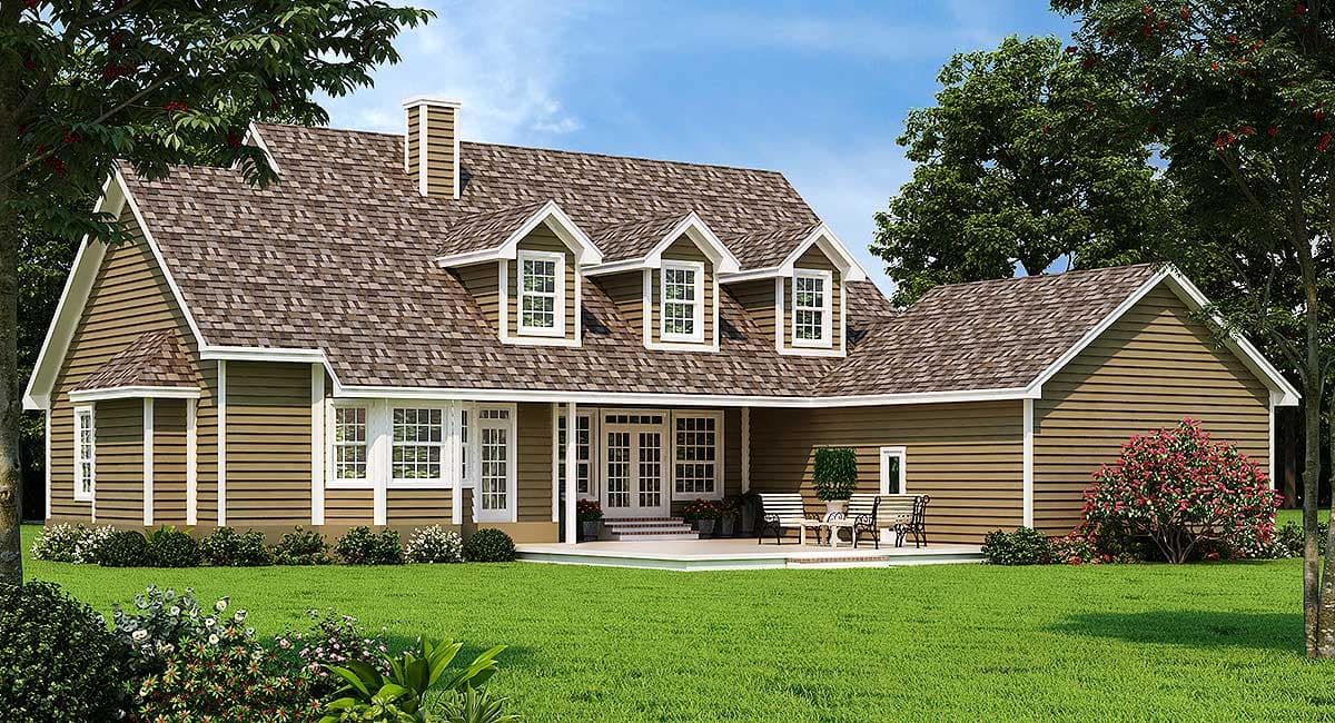 House plan exterior, two-story Traditional style with gabled dormers, covered porch, and lap siding.