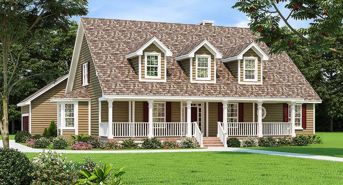 House plan exterior: Two-story home with a wrap-around porch, dormer windows, and a gable roof.