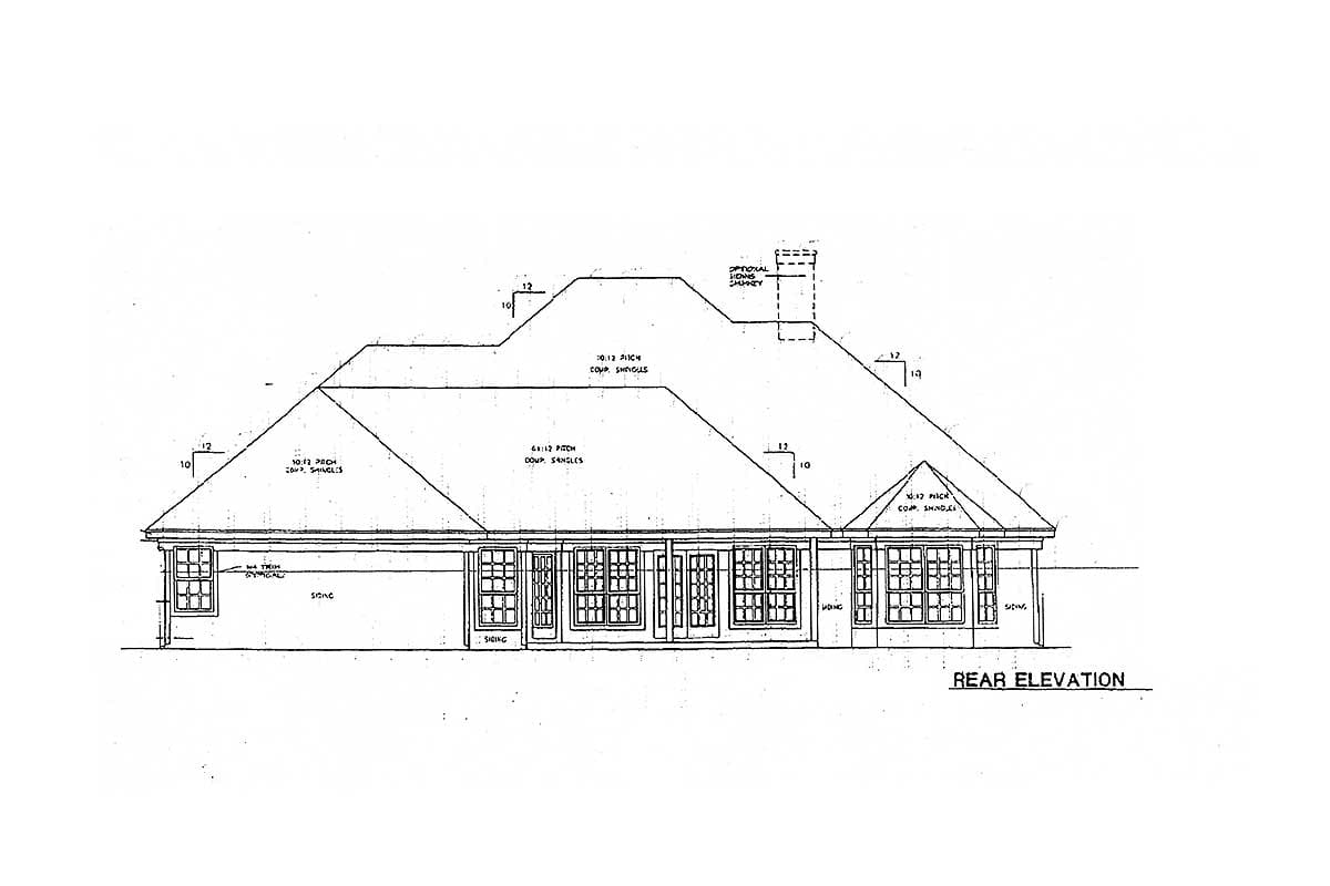 Rear elevation drawing of a house plan, showing multiple roof pitches, various windows, and siding.