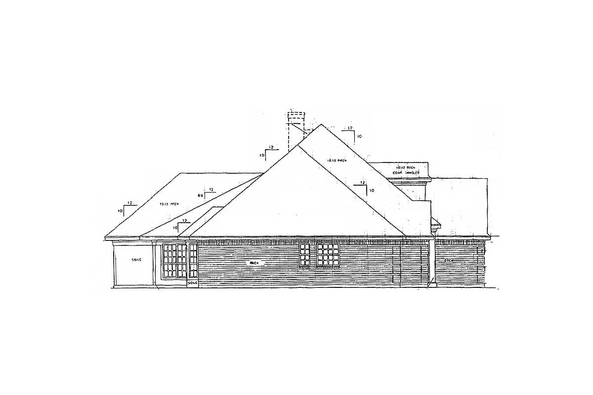 House plan elevation drawing showing a prominent gable roof with 10:12 and 12:12 pitches and a chimney.