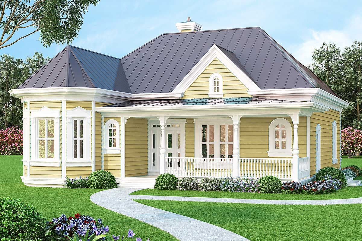 House plan exterior: One-story Traditional style with a wrap-around porch, metal roof, gables, and multi-pane windows.