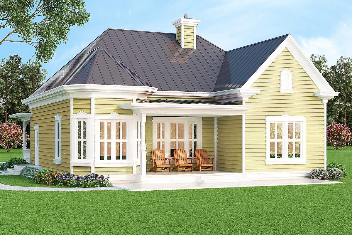 House plan exterior: Craftsman style, one story, with a covered porch, prominent gables, and dormer accents.