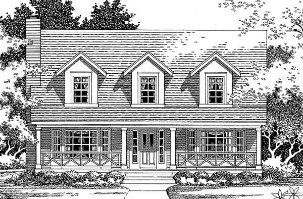 House plan exterior with full-width porch, three dormers, and a prominent chimney. Two stories apparent.