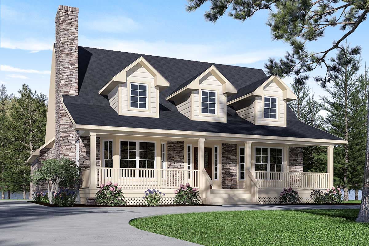 House plan exterior: Ranch style with stone chimney, wraparound porch, and three front dormers.