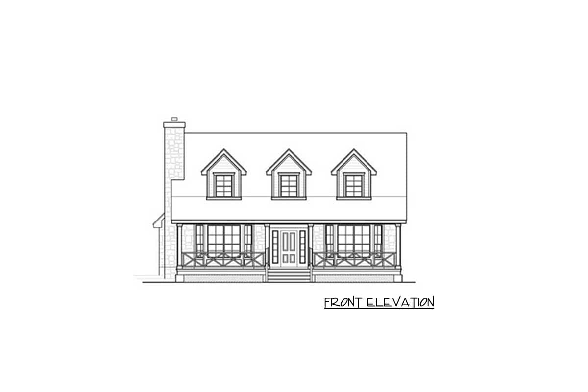Front elevation drawing of a two-story house with a full-width porch, three dormers, and a stone chimney.