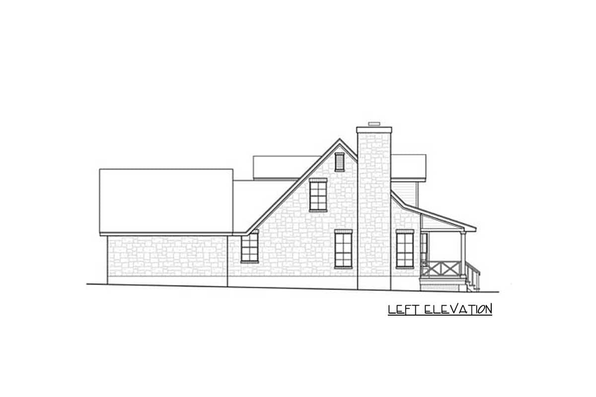 Left elevation drawing of a house plan featuring a stone-clad chimney, gabled rooflines, and a covered porch with X-bracing.