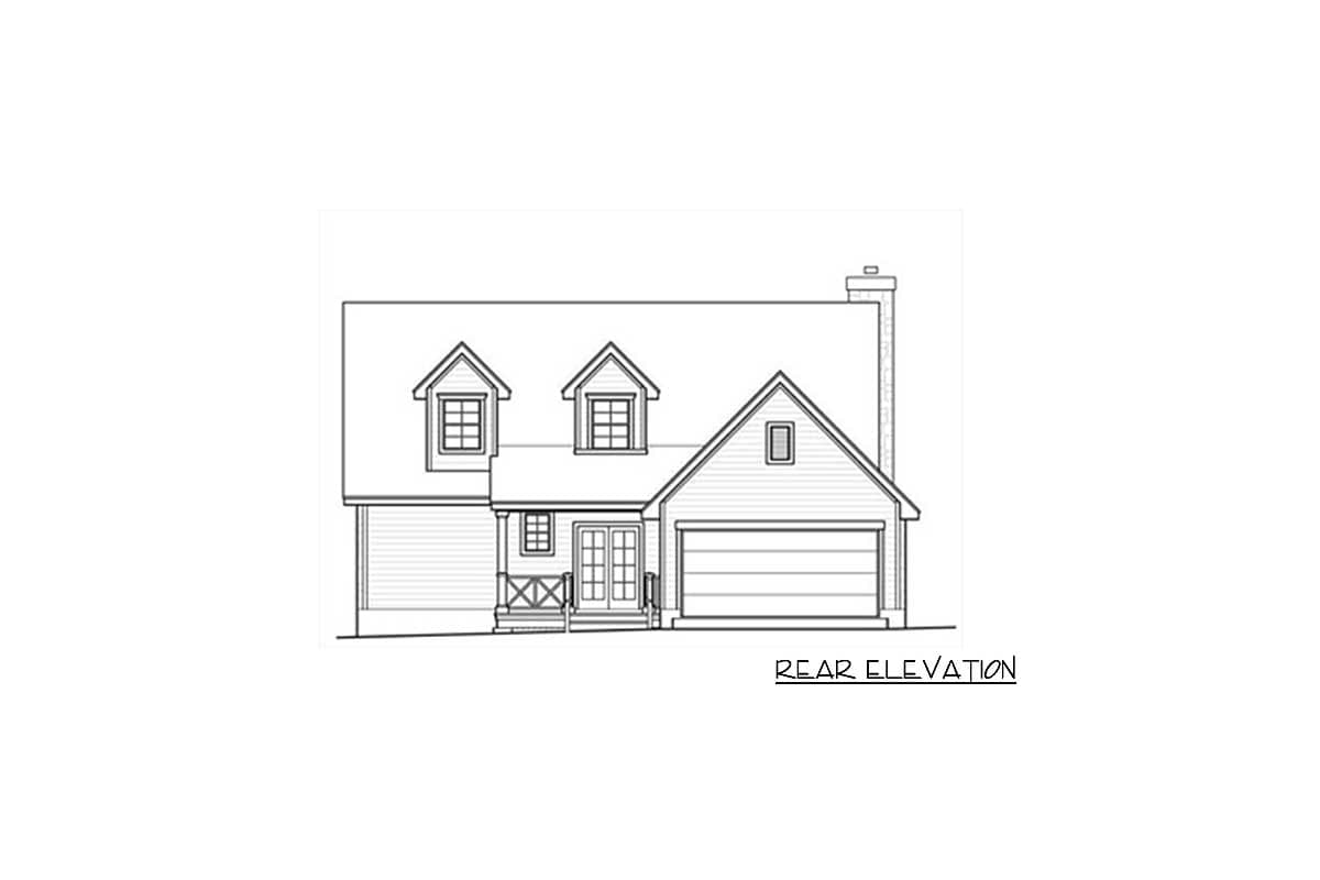 Rear elevation house plan showing a two-story home with gabled dormers, a chimney, and a two-car garage.
