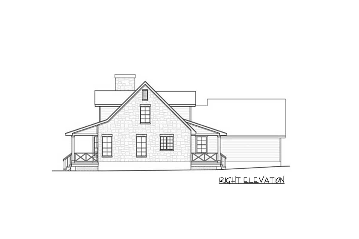 Right elevation drawing of a two-story house plan with stone facade, gabled roof, chimney, and front porch.