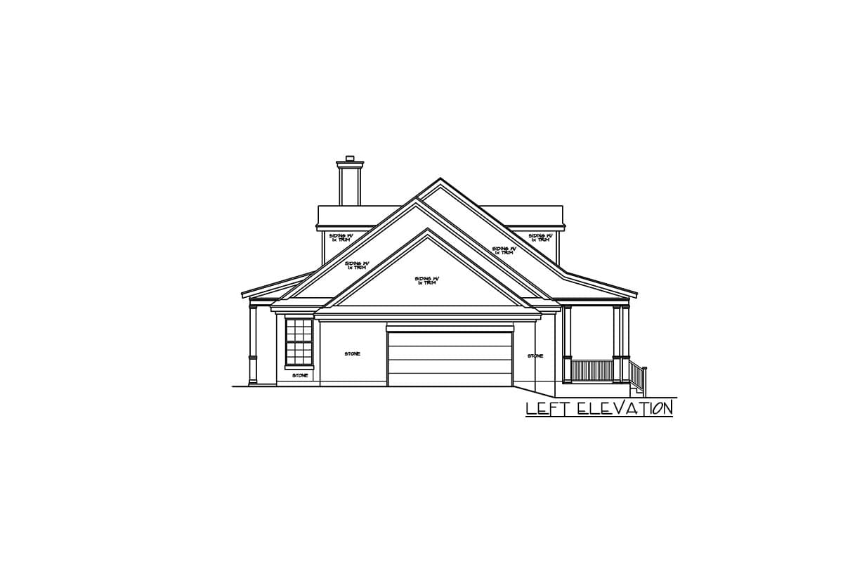 Left elevation house plan showing a stone-accented exterior with a garage, gabled roofline, and covered porch.