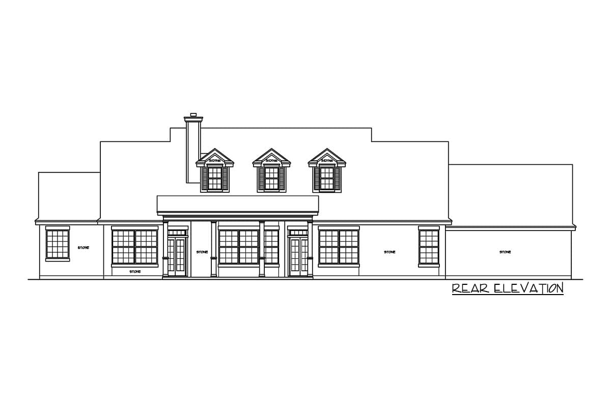 Rear elevation house plan with three dormer windows, a central covered entryway with columns, and stone accents.