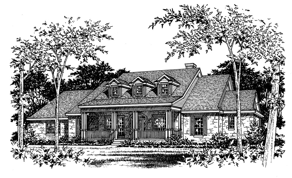 House plan exterior: One-and-a-half story home with prominent gabled dormers, a covered porch with columns, and stone accents.