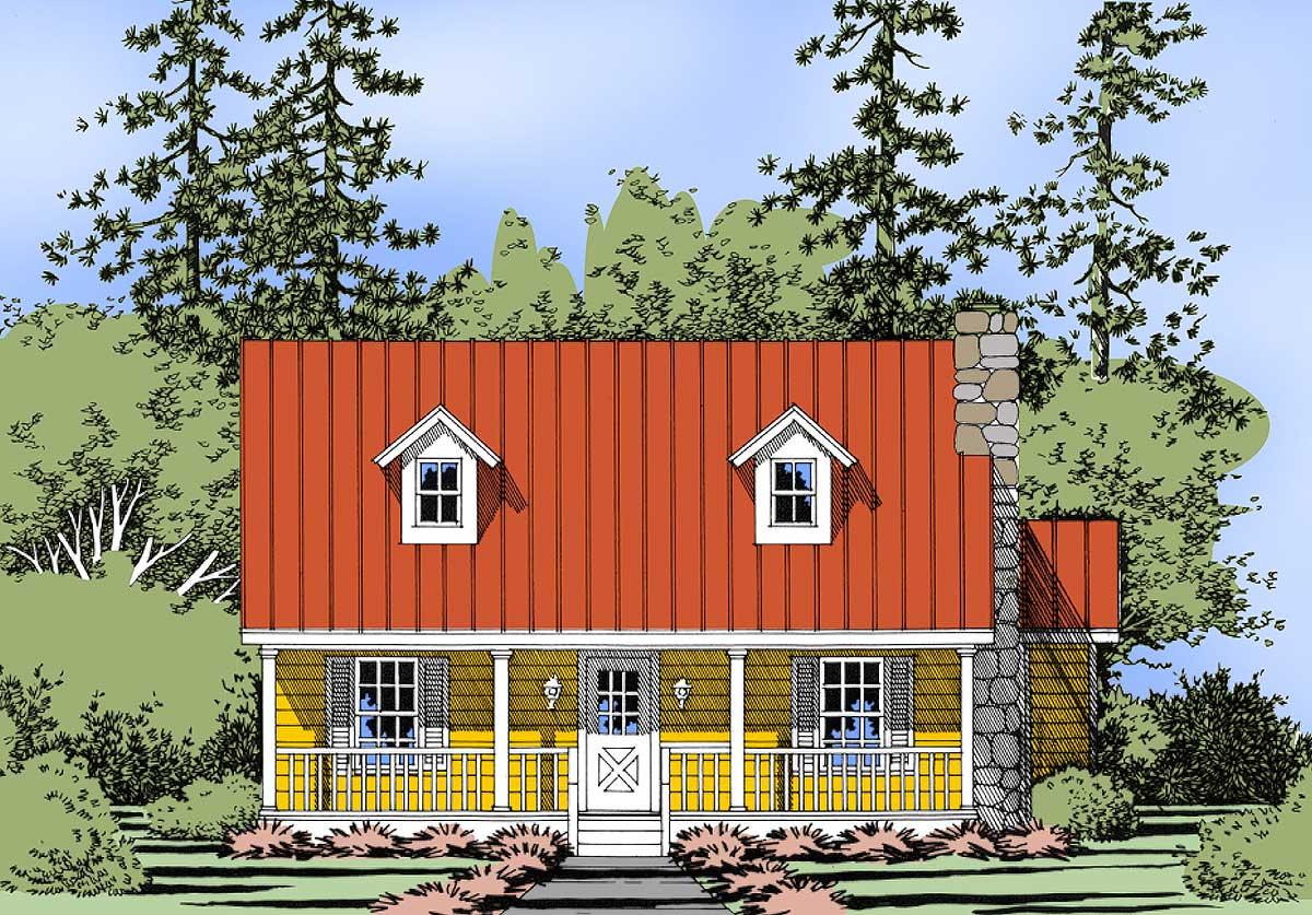 House plan exterior: One-and-a-half story cottage with a full front porch, dormers, and stone chimney.