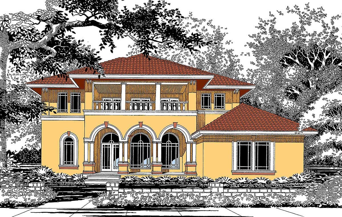 House plan exterior of a two-story home with a red tile roof, arched entryway, and second-story balcony.