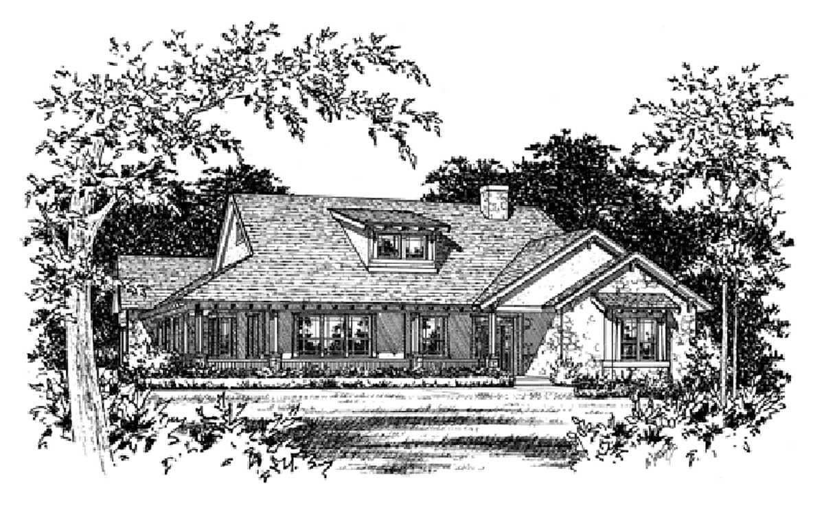 House plan exterior: Ranch style, one story, with a wraparound porch, prominent gable, and dormer.