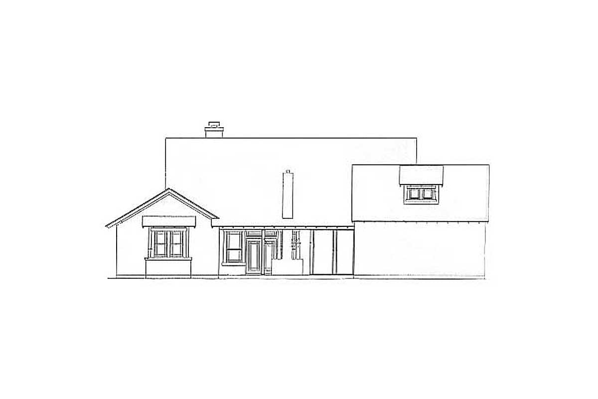 House plan exterior elevation showing a pitched roof, gabled dormer, covered porch, and multiple windows.