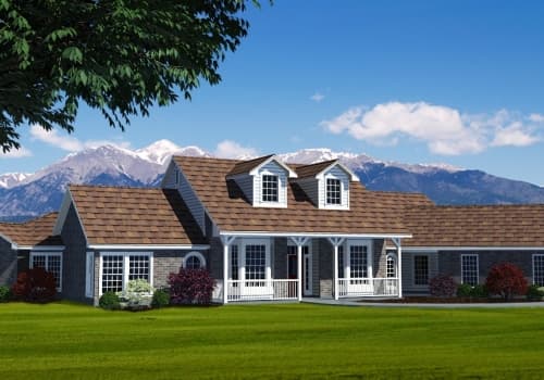 House plan exterior: Two-story Ranch with a wraparound porch, dormers, and a gabled roof.