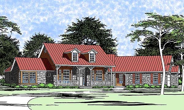 House plan exterior showing a one-story Ranch style home with stone facade, covered porch, dormers, and red metal roof.