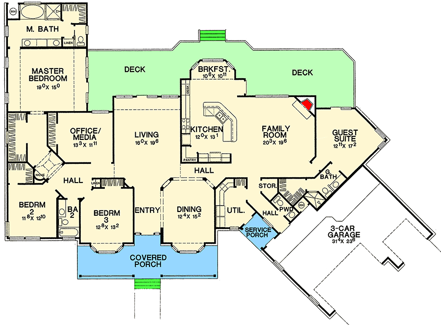 Plan 31030D: Flexible House Plan with Guest Suite - Floor Plan - Main Level - Country, Farmhouse, Hill Country