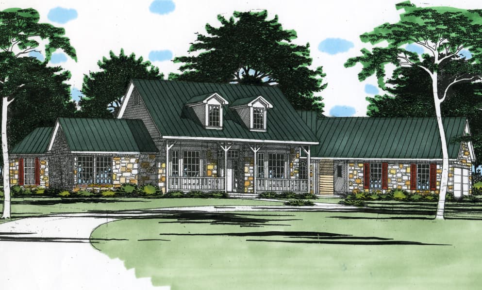 House plan exterior of a one-story home with stone facade, prominent front porch with columns, and two dormers.