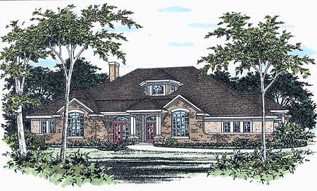 House plan exterior shows a one-story brick home with a symmetrical facade, prominent dormer, and double entry doors.