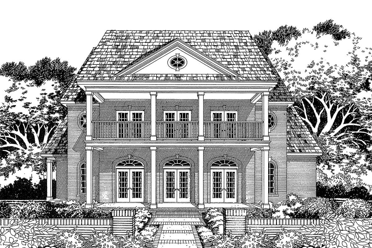 House plan exterior drawing of a two-story home with a central pediment, upper balcony, and three arched entry doors.