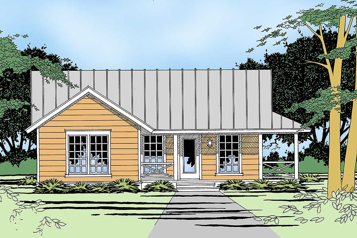 House plan exterior of a one-story home with a gabled front, metal roof, and front porch with railings.