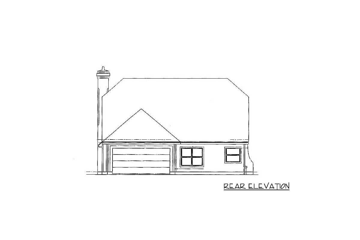 Rear elevation house plan drawing shows a single-story home with a prominent gable, garage, chimney, and two windows.