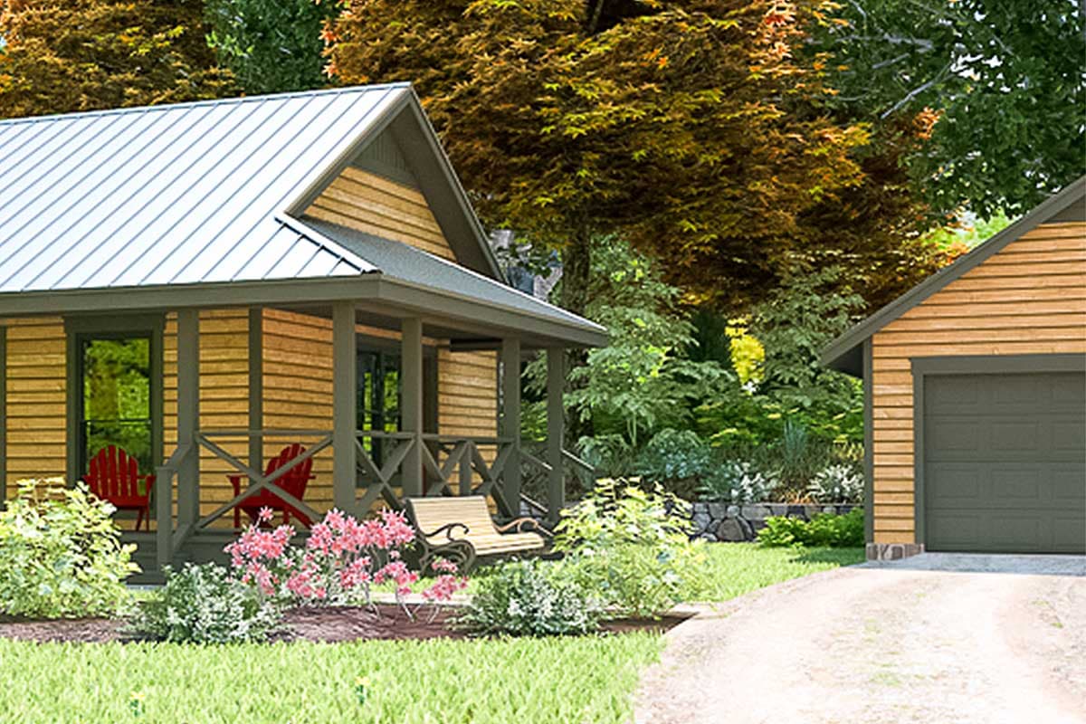 House plan exterior: Gable roof with metal sheeting, wood siding, covered front porch with X-braced railings, attached garage.