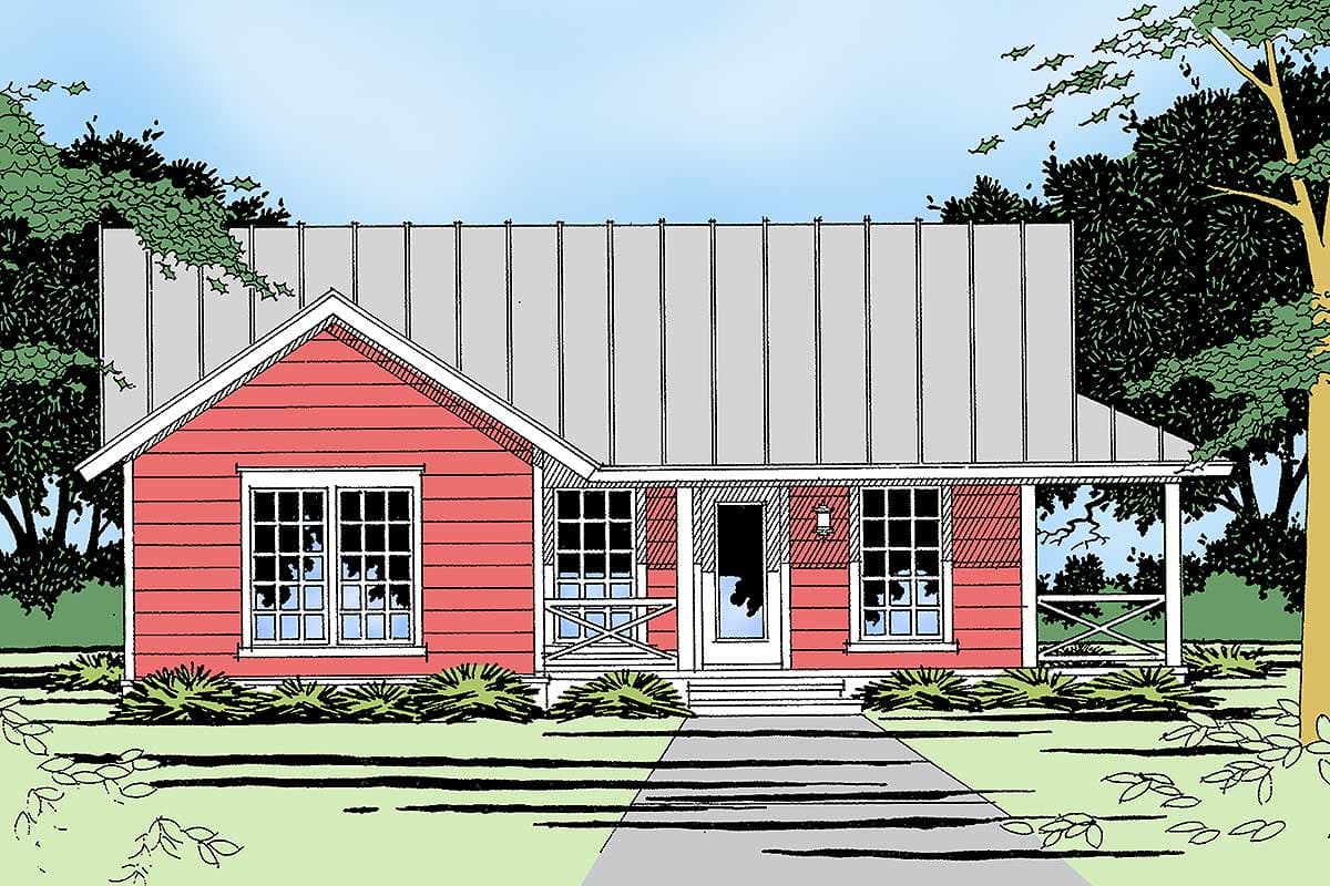 House plan exterior, single-story home with a prominent gable, wraparound porch, and metal roof.