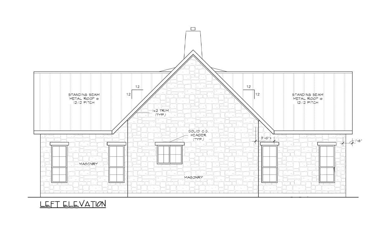 Left elevation drawing of a masonry house with standing seam metal roof and multiple windows.